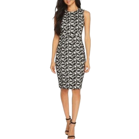 Calvin Klein Sheath Dress Black White Jacquard Sleeveless Zip Back 10 - Picture 2 of 8